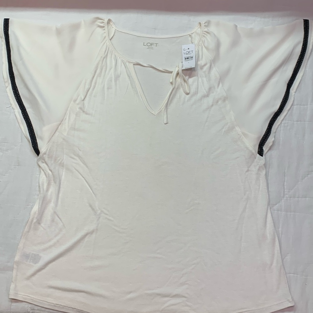 NWT LOFT White Cap Sleeve Blouse‎ Delicate Black Ribbon Detail Flowy V-Neck Top
